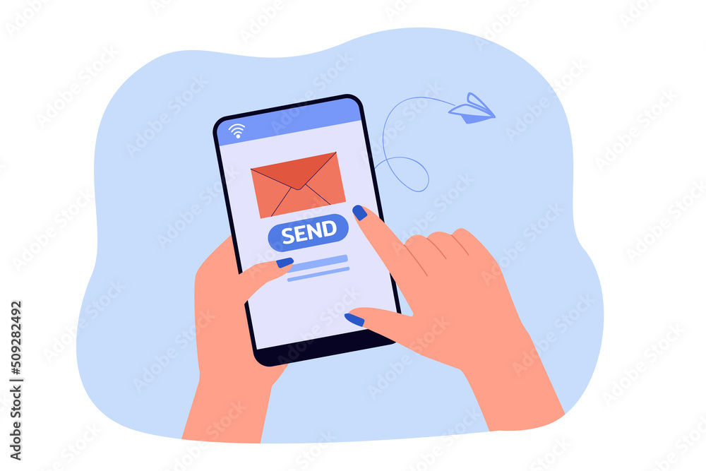 Hand holding smartphone with envelope and send button on screen. Person ...
