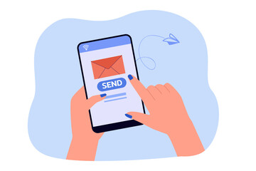 Wall Mural - hand holding smartphone with envelope and send button on screen. person sending letter via mobile ap