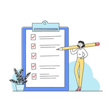 Woman Ticking Off Tasks On Checklist Flat Vector Illustration. Businesswoman Holding Pencil And Making Notes And Marks On Paper Document