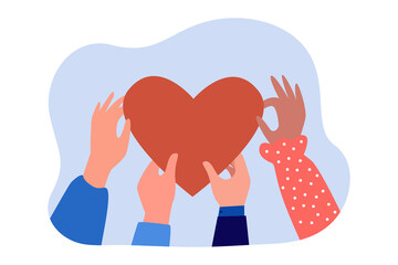 Wall Mural - hands of people holding big chocolate heart. persons with brown comic heart flat vector illustration