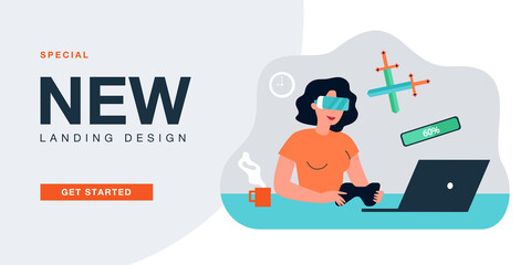 Wall Mural - Gamer with VR glasses playing fight video game. Woman with headset sitting at table flat vector illustration. Virtual reality, entertainment concept for banner, website design or landing web page