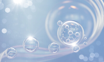 cosmetic essence, liquid bubble, molecule inside liquid bubble on water background, 3d rendering