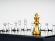 © tete_escape - The Golden king chess piece standing on chessboard corner in front of many silver chess pieces on white background. Leadership, fighter, competition, confrontation, and business strategy concept.