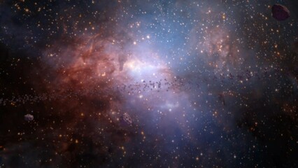 Blurred space scence galaxy exploration through outer space towards glowing milky way galaxy for abstract background. 4K looping animation of flying through glowing nebulae, clouds and stars field. 