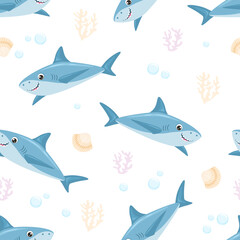 Wall Mural - Cartoon sharks seamless pattern. Childish background with cute funny toothy fish. Sea vector flat illustration.