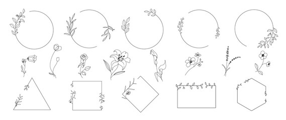 Wall Mural - hand drawn simple line wreath with flower and leaf branch for wedding banner ,logo template 