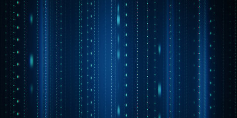 Creative wide blue tech lines and blurry circles backdrop. Technology and design, landing page concept. 3D Rendering.