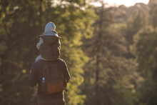 A Man And A Boy Go Hiking In The Summer Forest With A Backpack For Hiking. Portrait Of A Father And Son Sitting On His Father's Shoulders In The Forest At Sunset. The Concept Of Travel.