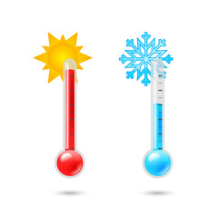 Temperature weather thermometers with Celsius and Fahrenheit scales. Two vectors realistic 3d weather thermometer icon set. Sun and snowflake. Cold warm thermometer. Thermostat meteorology vector