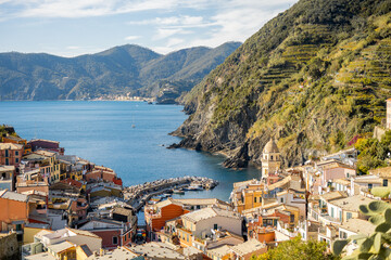 Landscape of coastline with Vernazza village in Italy