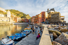 Bay With Boats At Vernazza Town On The Northwestern Coast Of Italy. Famous Village At Cinque Terre National Park