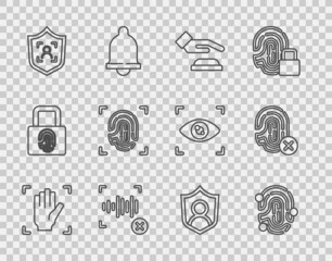 Set line Palm print recognition, Fingerprint, Rejection voice, Shield face, User protection and fingerprint icon. Vector