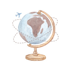 Watercolor the globe with airplane. Retro map. High quality illustration