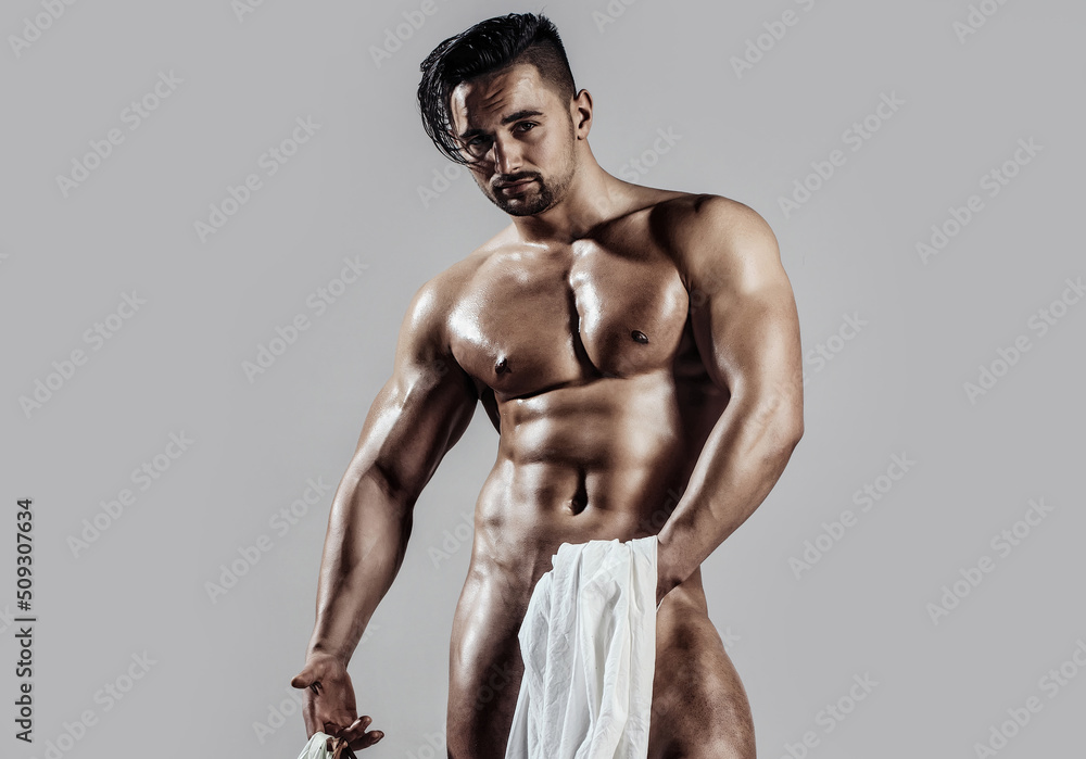 Sexy male model body, nude torso. Sexy naked man, seductive gay. Muscular shirtless man
