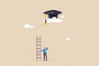 © Nuthawut - Education cost, expensive school or university cost, education gap or scholarship opportunity concept, poor man with too short ladder to climb to reach high graduated mortarboard on the cloud.