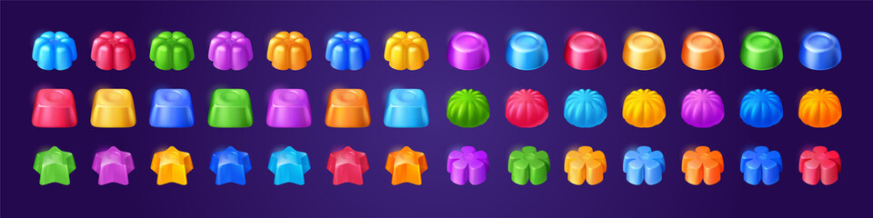 Jelly candies, game icons or ui buttons set. Funny cartoon assets for app design. Isolated colorful glossy sweets, gui graphic elements for user panel settings or menu interface 3d vector illustration