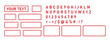 Rubber grunge stamps and letters. Vintage rubber rectangular stamp designer. Red frames and font, alphabet, numbers. Grunge vintage square seal label. Vector illustration isolated on white background.
