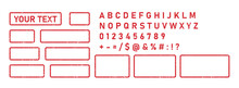 Rubber Grunge Stamps And Letters. Vintage Rubber Rectangular Stamp Designer. Red Frames And Font, Alphabet, Numbers. Grunge Vintage Square Seal Label. Vector Illustration Isolated On White Background.