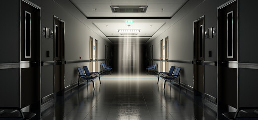 Wall Mural - Long dark hospital corridor with rooms and seats 3D rendering. Empty accident and emergency interior with bright lights lighting the hall from the ceiling