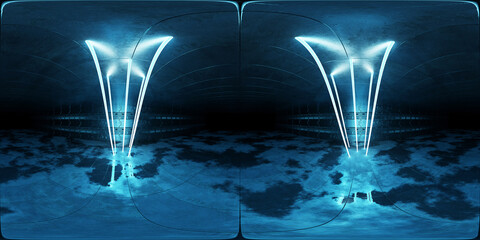 Aufkleber - Cyber neon laser interior Hdri. 360 panoramic view of a garage room hangar with sci fi glowing blue tubes. Vr projection of dark tunnel warehouse with wet cement floor and metal panels 3d Rendering