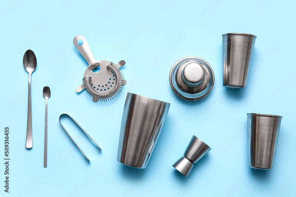 Bartender kit on blue background