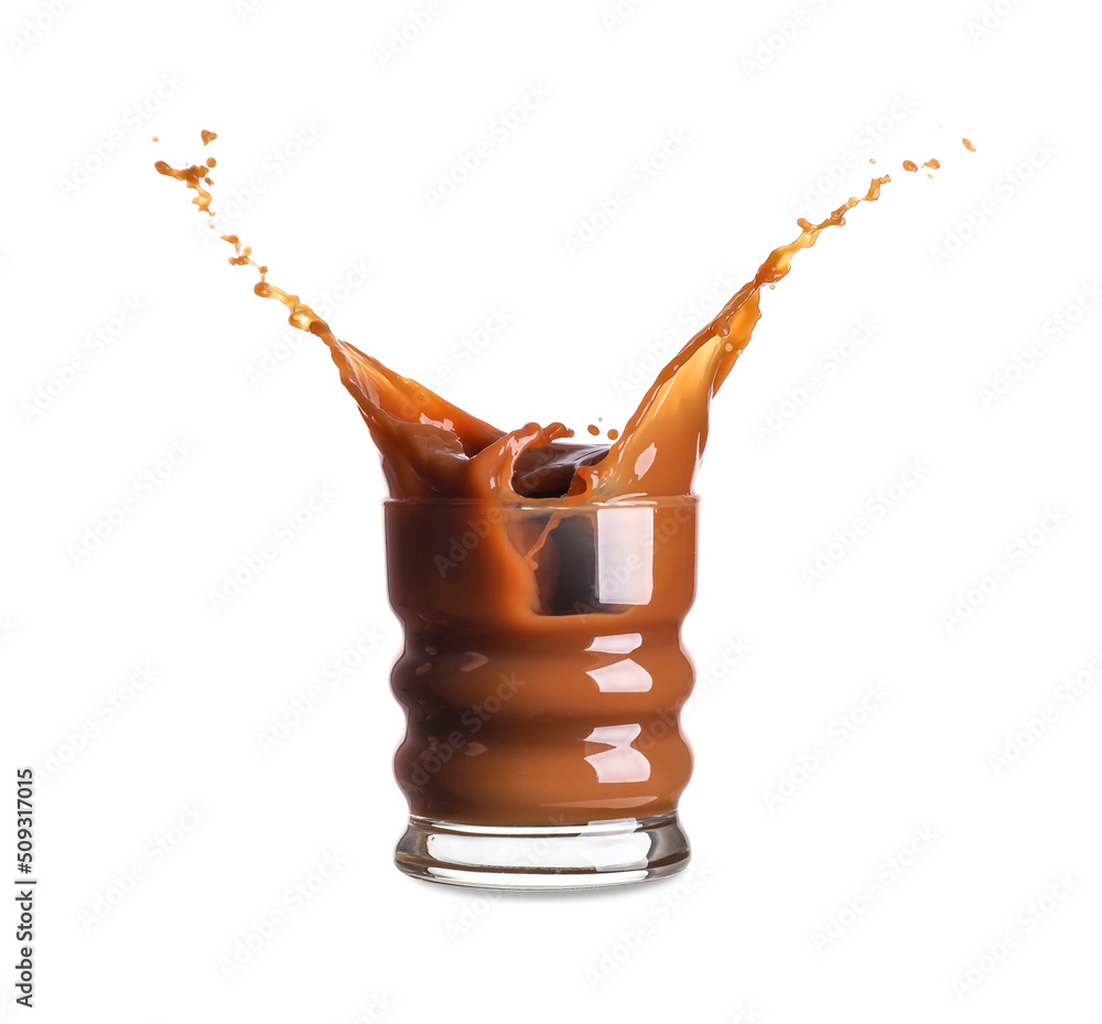 Glass of tasty iced coffee with splashes on white background