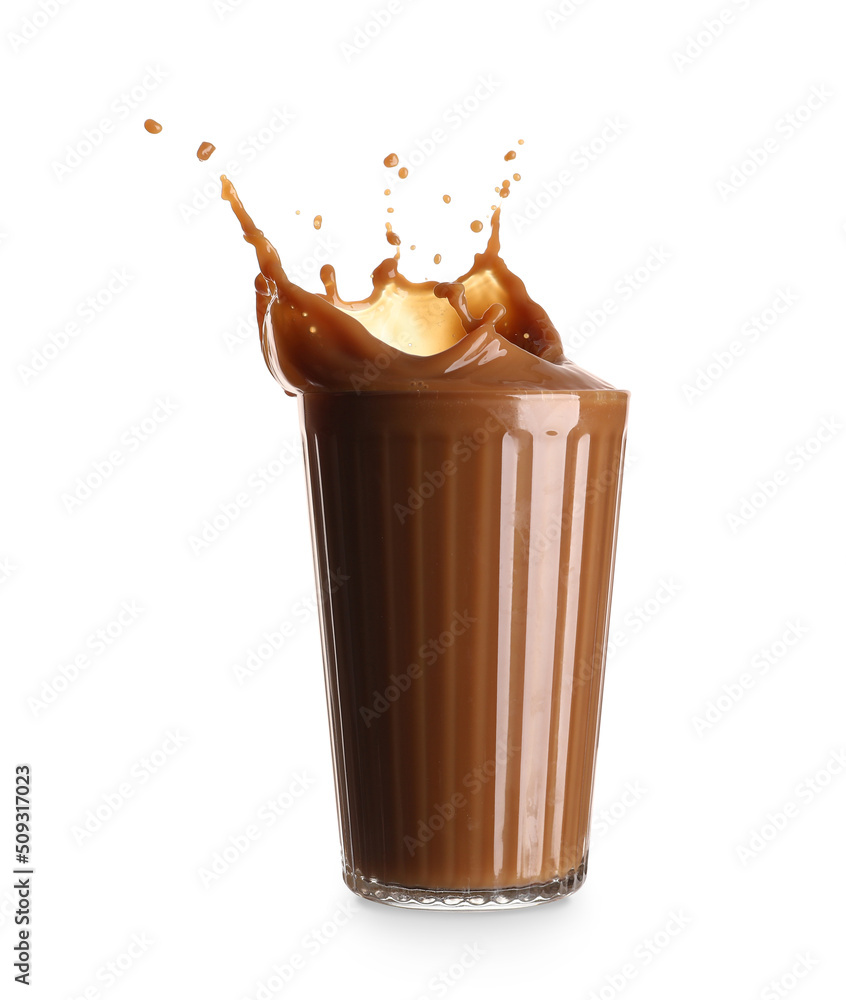 Glass of tasty iced coffee with splashes on white background