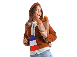 Sticker - Beautiful young woman with flag of France and baguette isolated on white