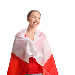 Sticker - Beautiful young woman with flag of Poland isolated on white