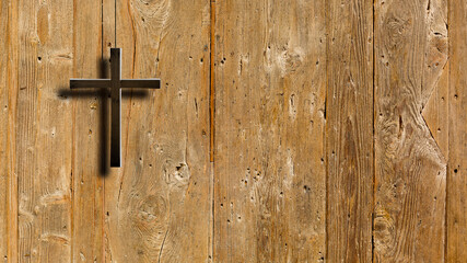 Wall Mural - Christian wooden cross on a background of walls