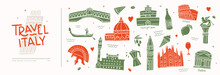 Large Set Of Popular Symbols Of Italy. Decorative Images: Colosseum, Gondolier, Legionnaire's Helmet, Bridge In Venice, Basilicas And Fortresses, St. Mark's Column. Vector Illustration Isolated.