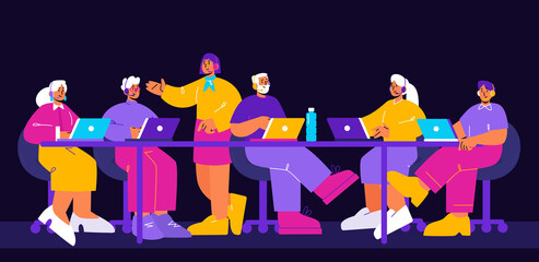 People work in call center, support service together. Vector flat illustration of hotline office operators in headsets sitting at desk with laptops on black background