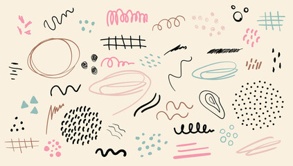 Set of modern abstract elements, minimal design. Vector hand drawn illustration. Clipart set in doodle style.