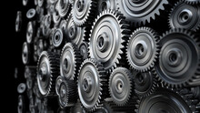 Background Formed With Group Of 3D Steel Wheels In Motion. 3D Illustration