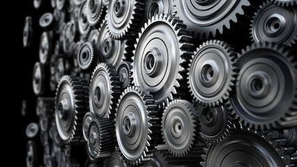 Background formed with group of 3D steel wheels in motion. 3D illustration