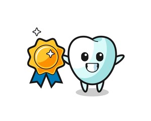 Wall Mural - tooth mascot illustration holding a golden badge