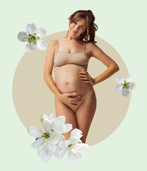 Young happy pregnant woman isolated on light background with floral elements. Contemporary art collage. Motherhood, health and family concept