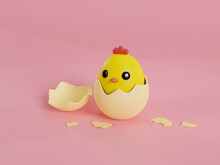 3d Chick Hatches With Eggshells Scattered All Over The Floor. 3d Rendering Illustration