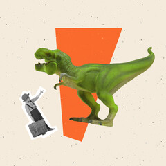 Contemporary art collage. Little boy, child in vintage cloth with retro suitcase playing with giant dinosaur isolated over beige background