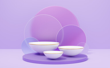 Wall Mural - 3 white half sphere podium with gold border on glass arch circle purple background. Empty pedestal mockup space for display product design. Abstract minimal studio geometric shape object. 3d render.