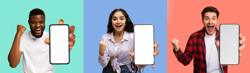 Wall Mural - Emotional millennials showing cell phones with empty screens, gesturing