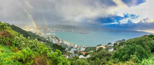 Wellington Panoramic Aerial View From Mt Victoria On A Cloudy Morning With Rainbow, New Zealand
