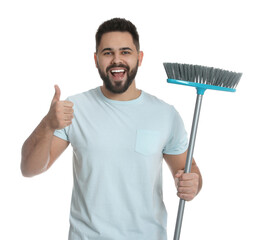 Sticker - Young man with broom on white background