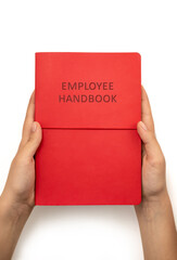 Female hands holding red Employee Handbookon grey background, top view