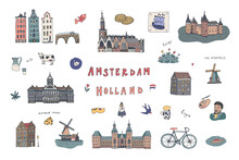 Amsterdam Holland Travel Vector Illustraions Set