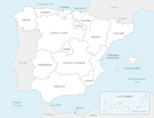  Vector map of Spain with regions and territories and administrative divisions, and neighbouring countries. Editable and clearly labeled layers.
