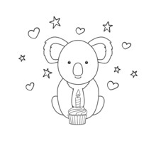 Coloring Page With Little Koala, Birthday Cupcake, Stars And Hearts, Black And White Outline Elements On A White. Vector Design Template For Kids Coloring Book, Cover, Poster, Greeting Card And Print