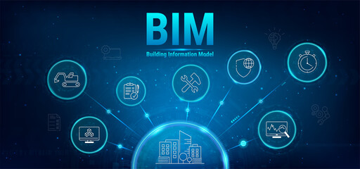 BIM banner web icon vector illustration concept for building information modeling. BIM banner with icons. The concept of business. Industry construction, from start to finish. Vector illustration