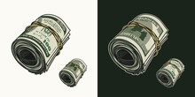 Color Money Roll Of 100 Dollar Bills With Front And Reverse Side. Cash Money. Vintage Style. Detailed Isolated Vector Illustration On Dark And White Background. Perspective Side View
