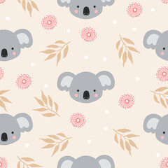 Native Exotic Australian Animal Koala Bear with Eucalyptus Blossom Gum Leaves Seamless Repeat Pattern